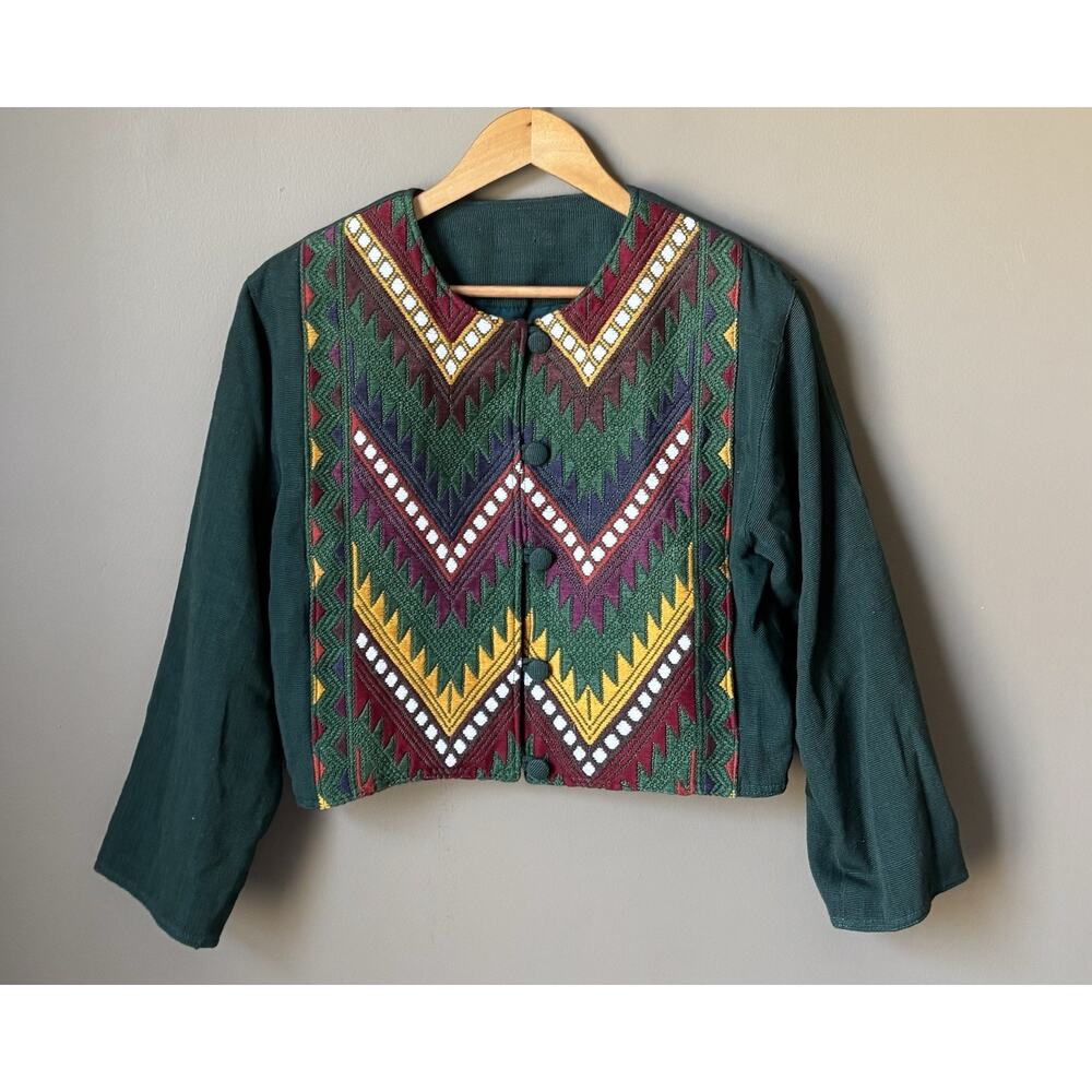 Vintage Crop Jacket M Green Embroidered Art To Wear Western Bolero Aztec